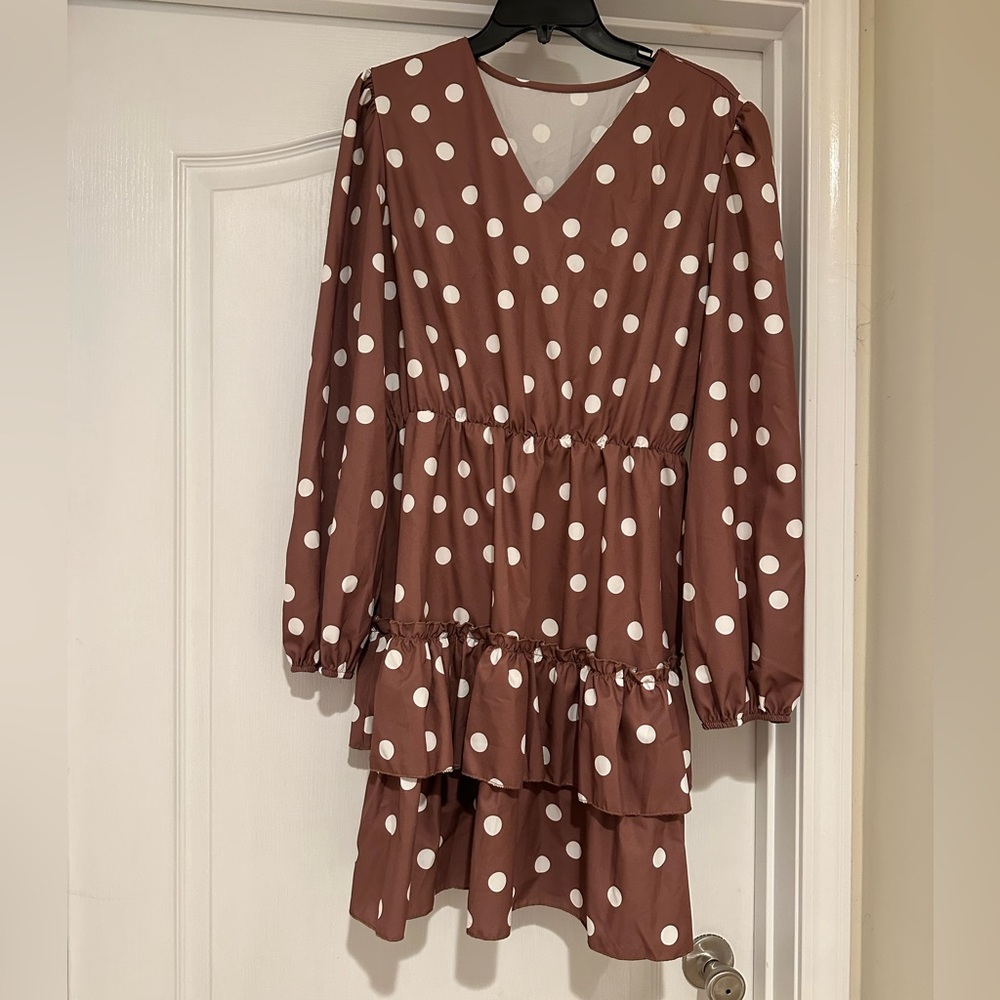 SHEIN Brown/White Polka Dot Tiered Dress-NWOT